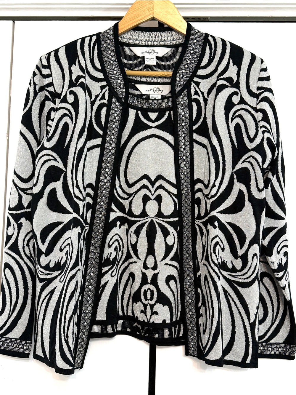 Ming Wang 2 Piece Cardigan Tank Set M Black Silver Rhinestone Knit Abstract